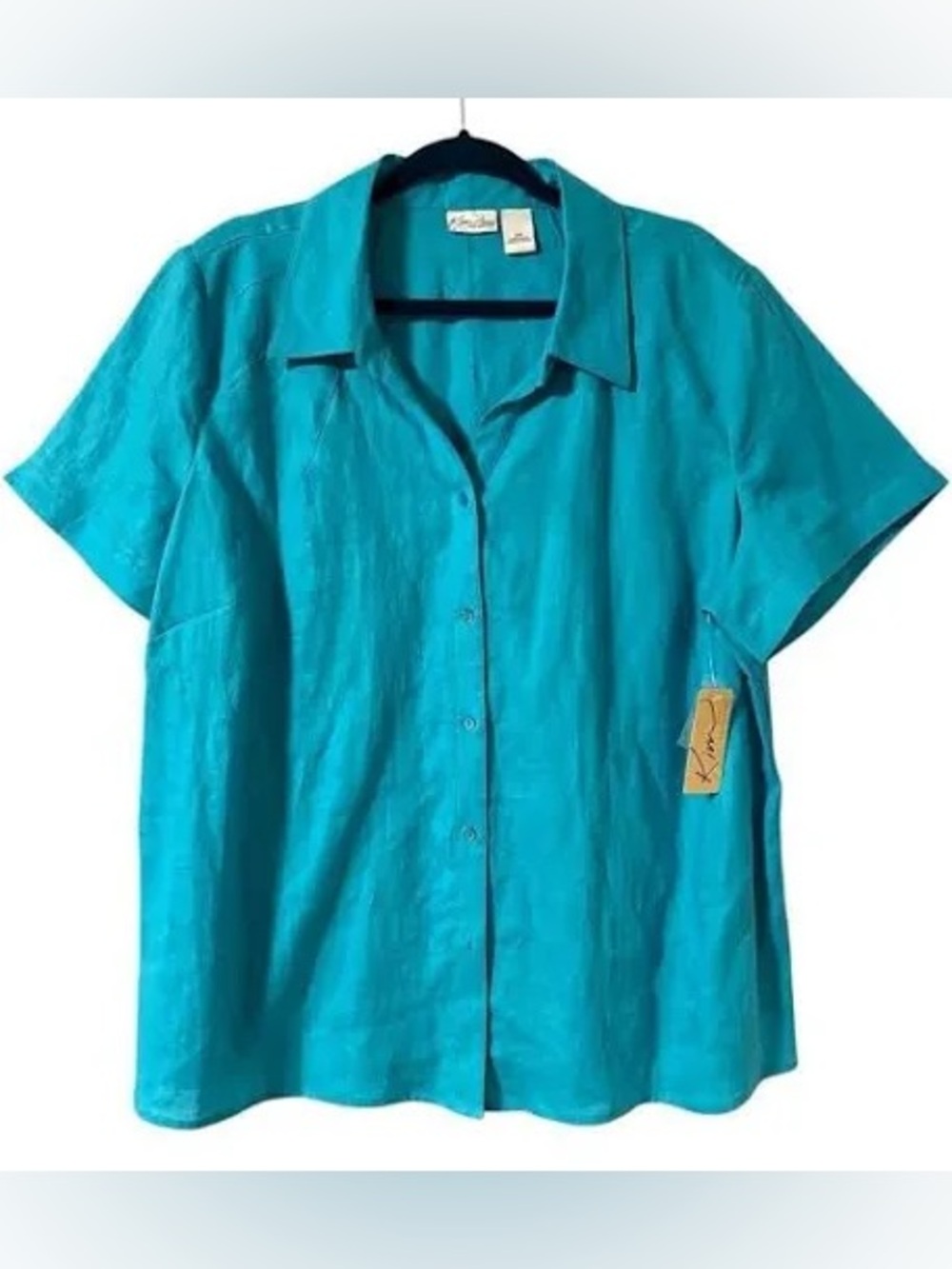 Kim Rogers: 1X, turquoise blue  100% linen Button-Up Short Sleeve Blouse
